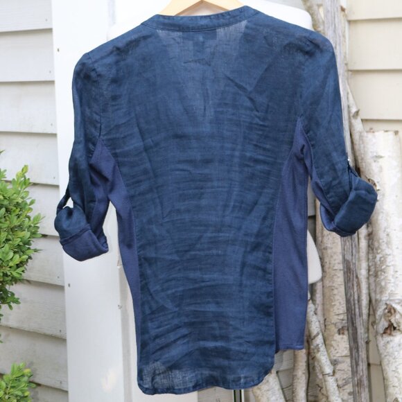 INC Navy Blue Linen w Stretch Sides Crystal Button Roll Tab Sleeve Shirt Sz XS - Picture 6 of 7